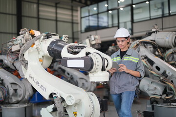 Female Automotive Engineer Wearing Hard Hat, Standing, Using Laptop. Monitoring, Control, Equipment Production. Automated Robot Arm Assembly Line Manufacturing Electric Vehicle