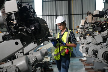 Female Automotive Engineer Wearing Hard Hat, Standing, Using Laptop. Monitoring, Control, Equipment Production. Automated Robot Arm Assembly Line Manufacturing Electric Vehicle