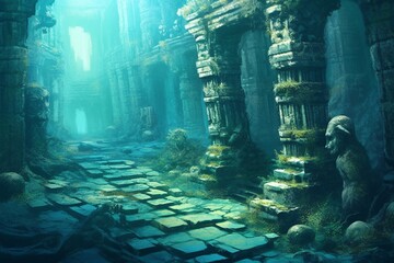 A scuba diver discovers the lost city of Atlantis conceptual theme. Generative AI