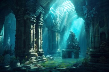 A scuba diver discovers the lost city of Atlantis conceptual theme. Generative AI