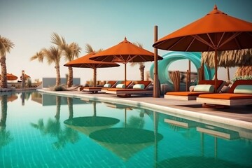 The edge Luxury swimming pool with white fashion deckchairs on the beach., Exterior design. Generative AI