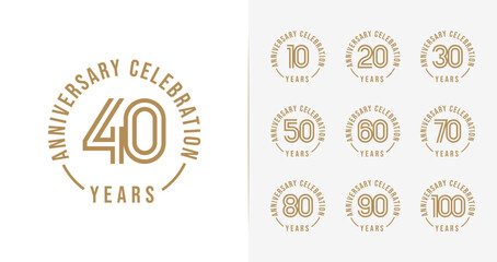 Set of anniversary logo design. 10, 20, 30, 40, 50, 60, 70, 80, 90, 100, birthday symbol with minimalist style