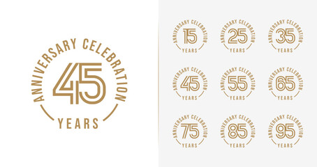 Set of anniversary logo design. 15, 25, 35, 45, 55, 65, 75, 85, 95, birthday symbol with minimalist style