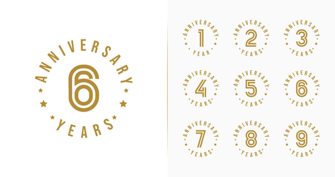 Set of anniversary logo design. 1, 2, 3, 4, 5, 6, 7, 8, 9, birthday symbol with luxury style