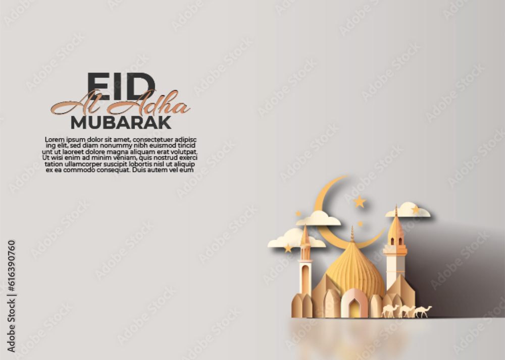 Wall mural greeting card islamic eid al adha mosque paper cut style vector illustration