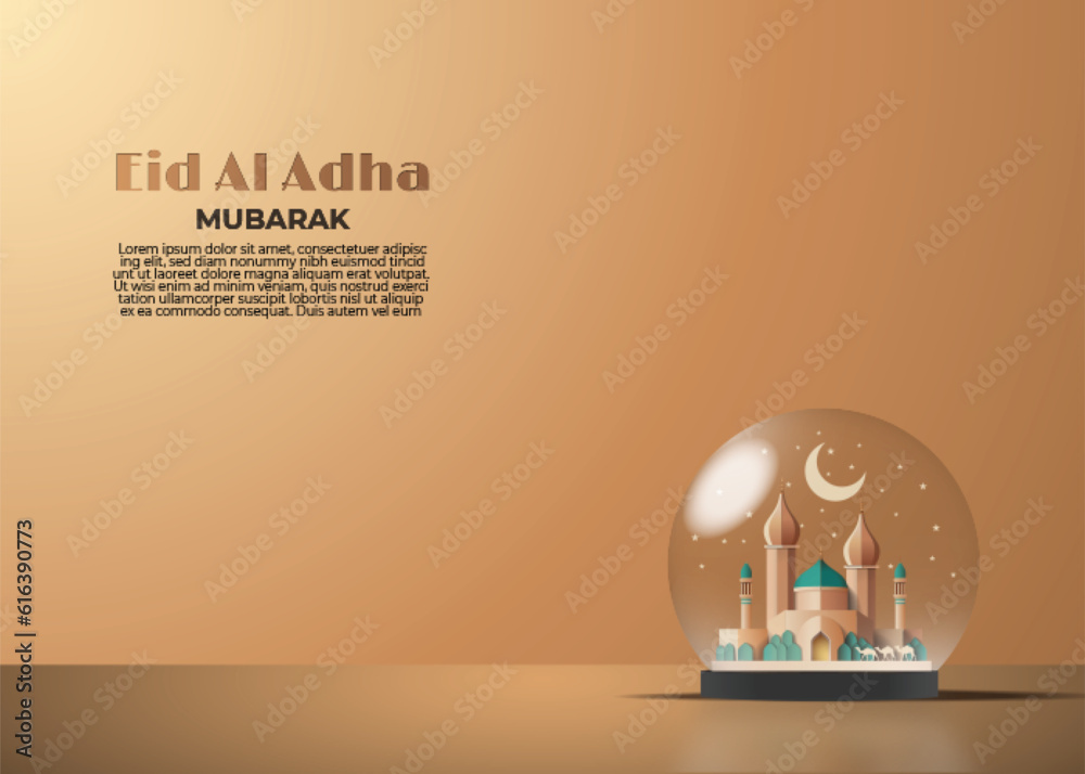 Wall mural eid al adha mubarak greeting card with a mosque in a crystal ball 3d vector illustration