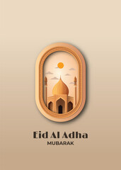 happy eid al adha greeting card  with mosque sky view  realistic 3d in a frame