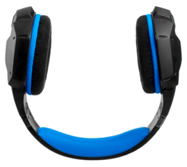 Modern music headphones and sound waves with glow