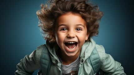 Little child leaping and having fun with a heavy rucksack and a bright smile