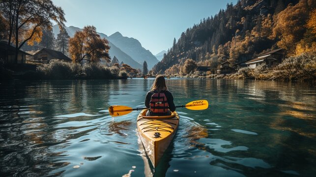 Back picture of a lady paddling in a kayak among some Alps