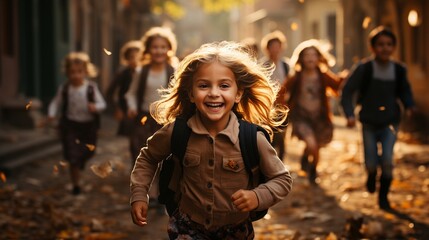 Back view of a group of elementary school students running to school