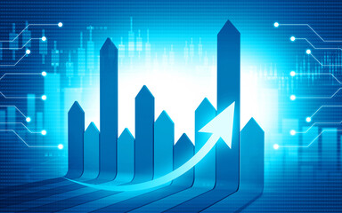 Business growth graph chart on blue background. 3d illustration.
