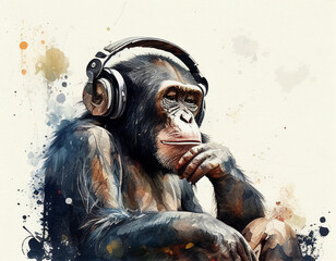 Chimpanzee listening to music. Watercolor drawing