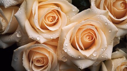 Creamy Roses flowers with water drops background. Closeup of blossom with glistening droplets. Generative AI