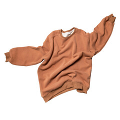 Cut out T-shirt. Fashionable flying brown cotton stylish sweatshirt isolated on white background. With clipping path. Clothes, clean sweatshirt jacket pullover. Mockup for your design