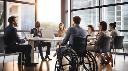 Fototapeta premium group of people in a meeting with wheelchair