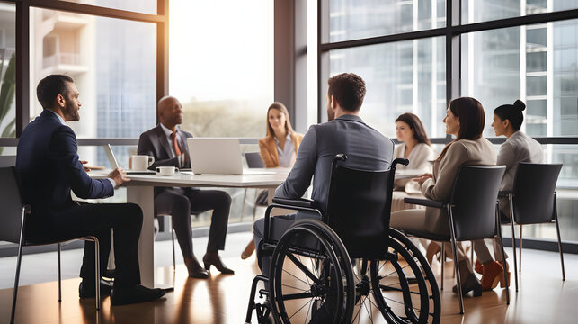 group of people in a meeting with wheelchair