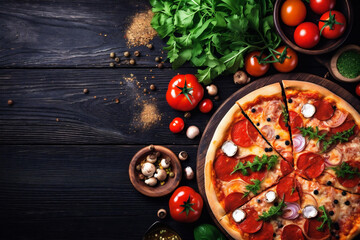 Fototapeta na wymiar fast top food cheese copy black italian background meal pizza tomato food space. Generative AI.