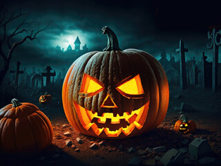 Halloween pumpkins and jack o lanterns on dark creepy background and beautiful misty atmosphere