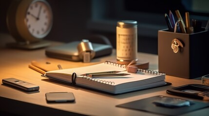 Organized clean desk stationary workspace generative ai