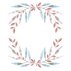 Hand drawn watercolor blue and copper leaves wreath. Isolated on white. Can be used for cards, banners, invitations, label.