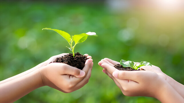 hand children holding young plant with sunlight on green nature background. concept eco earth day, ai Generative