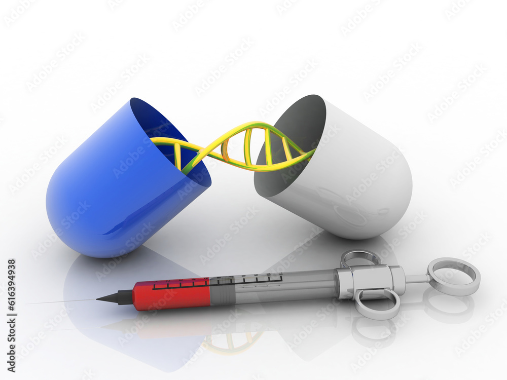 Wall mural 3d render of dna structure with capsule near syringe