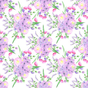 Abstract flowers. Hand drawn watercolor bouquet seamless pattern isolated on white background. Can be used for textile, wrapping, fabric.