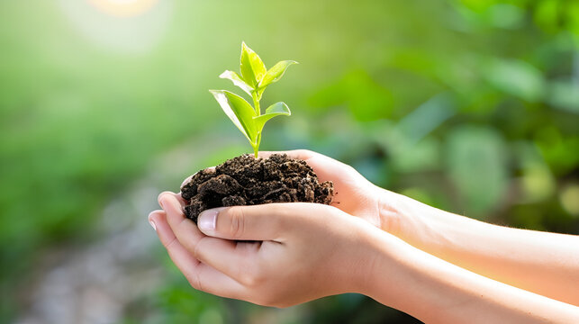hand children holding young plant with sunlight on green nature background. concept eco earth day, ai Generative