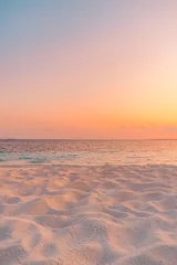 Rolgordijnen Closeup beach coast sand texture with warm gold orange sunset light. Fantasy beach landscape sky sea bay. Tranquil relax bright horizon, colorful sky. Peaceful nature seascape. Summer Mediterranean © icemanphotos