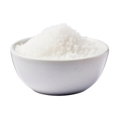 Coarse sea salt in white bowl isolated on transparent background. Generative AI.