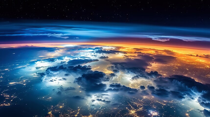Obraz na płótnie Canvas Panoramic view on planet Earth globe from space. Glowing city lights, light clouds. Generative AI