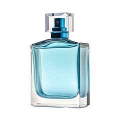Elegant transparent bottle of blue perfume isolated on transparent background. Generative AI.