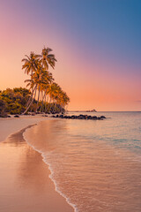 Palm trees on sandy island close to ocean. Beautiful bright sunset on tropical paradise beach, relaxing coastal landscape. Exotic scene, closeup sea waves. Evening colorful sky, peaceful seascape