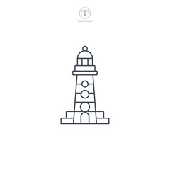 Lighthouse icon vector shows a stylized beacon, signifying navigation, safety, maritime guidance, coastline, and sea exploration