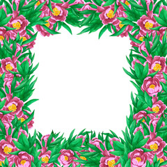Hand drawn watercolor purple peony frame boarder isolated on white background. Can be used for invitation, postcard, poster, book decoration and other printed products.