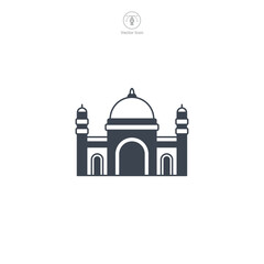 Fototapeta na wymiar Mosque icon vector depicts a stylized Islamic place of worship, symbolizing Islam, prayer, faith, spirituality, and Muslim community