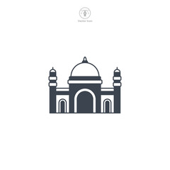 Mosque icon vector depicts a stylized Islamic place of worship, symbolizing Islam, prayer, faith, spirituality, and Muslim community