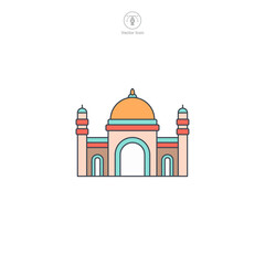 Mosque icon vector depicts a stylized Islamic place of worship, symbolizing Islam, prayer, faith, spirituality, and Muslim community