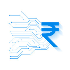 digital currency indian rupee white background with circuit lines