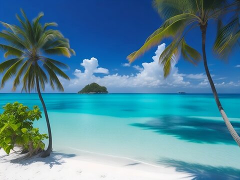 tropical beach in Maldives with palm trees and boat 3d render
