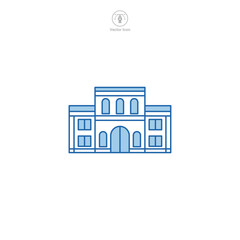 School icon vector portrays a stylized educational institution, signifying learning, education, academia, knowledge, and student life