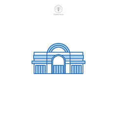Shopping Mall icon vector illustrates a stylized retail complex, embodying shopping, commerce, consumerism, variety, and entertainment