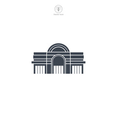 Shopping Mall icon vector illustrates a stylized retail complex, embodying shopping, commerce, consumerism, variety, and entertainment