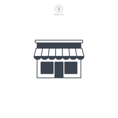 Store icon vector portrays a stylized retail outlet, signifying shopping, commerce, trade, consumerism, and business transactions