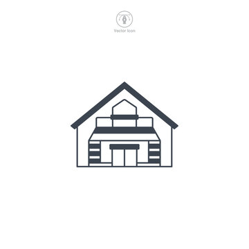 Warehouse icon vector represents a stylized storage facility, signifying logistics, supply chain, inventory, distribution, and commerce