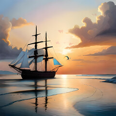 Obraz premium sailing ship at sunset