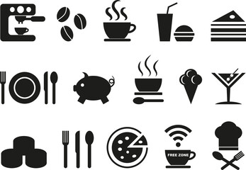 Food, restaurant, kitchen concept icon set, black isolated editable symbols