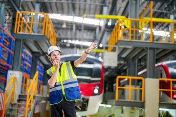 Engineers inspecting locomotive in railway engineering facility