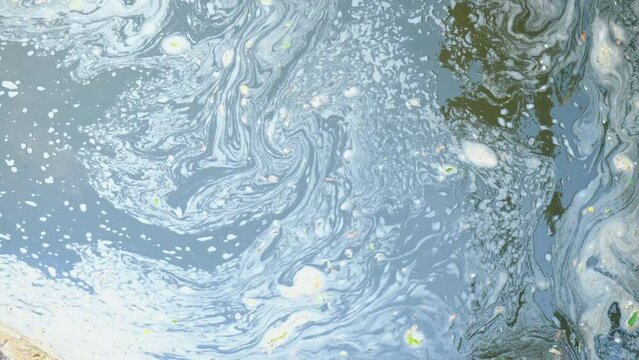 Blue green ioly water flow, whirlpool with natural organic mess and sediment mixture in stream
